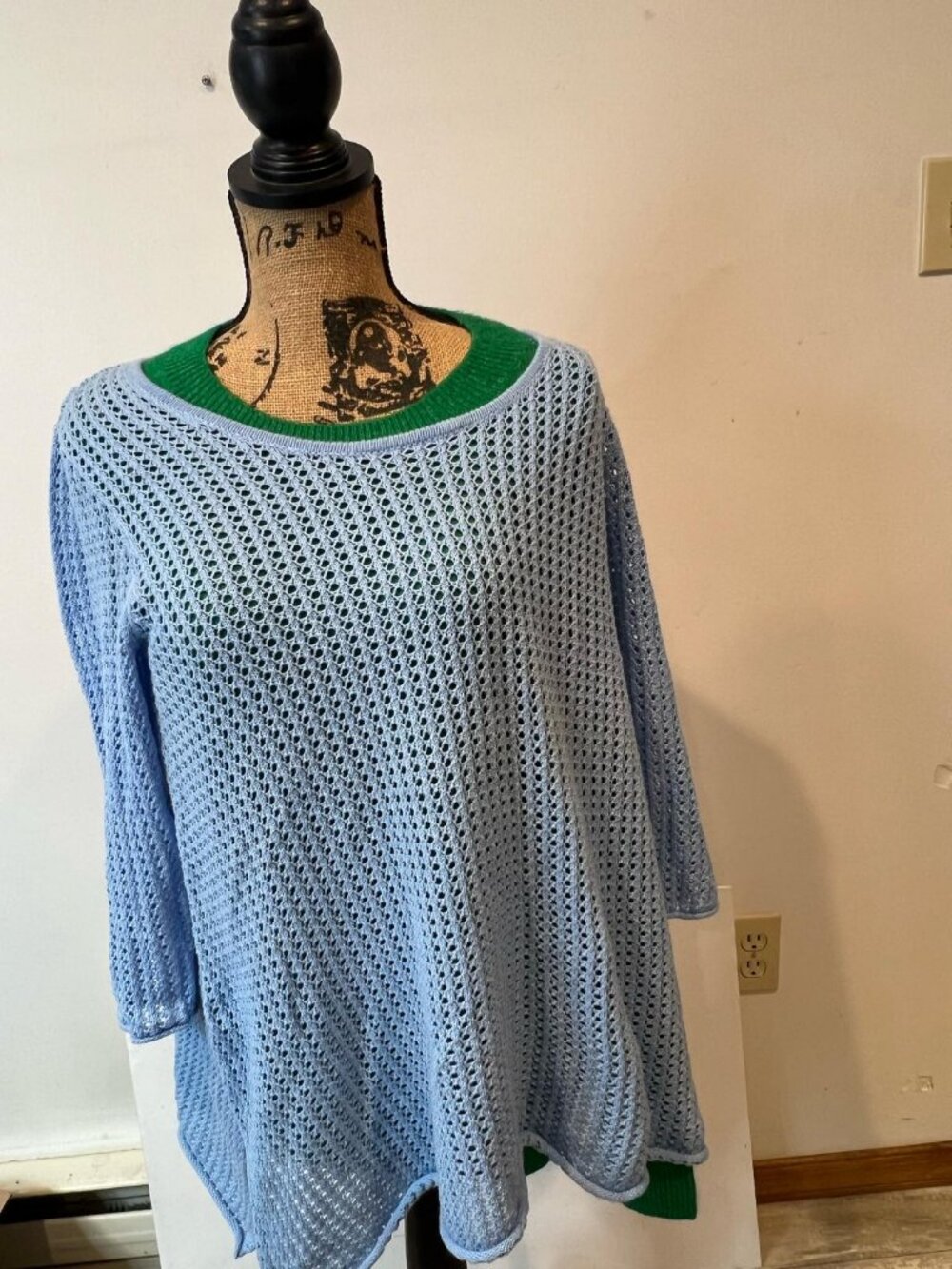Jeanne Pierre Sweater Large Aqua Cotton Open-Knit Scoop Neck 3/4 Sleeve Pullover